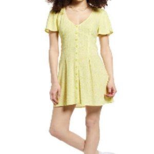 BP. Floral Print Flutter Sleeve Button Front V-Neck Skater Dress Yellow